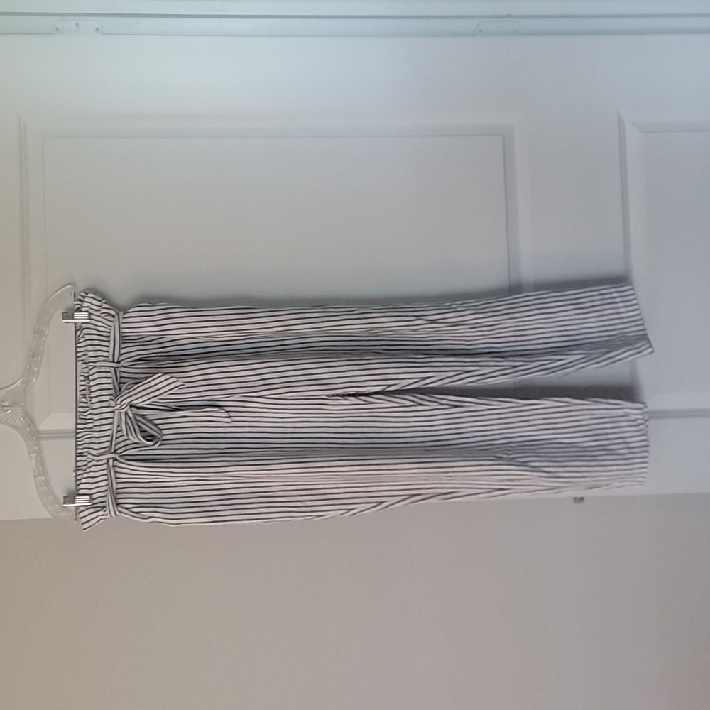 Anti Blue by Blue Spice Navy EUC Large Striped Baggy Linen Pants With Tie Belt